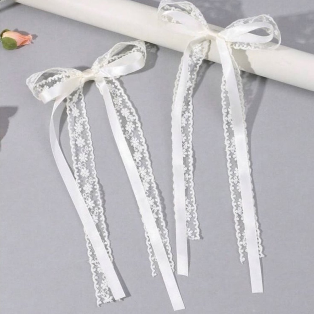 Set of 2 Lace Bows Hair Clips White NEW
